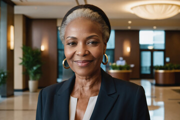portrait of old age black businesswoman in modern hotel lobby - obrazy, fototapety, plakaty