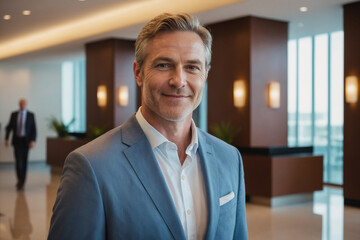 portrait of middle age white businessman in modern hotel lobby