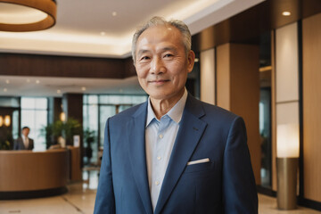 Fototapeta premium portrait of old age east asian businessman in modern hotel lobby