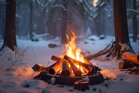 Experience the serene beauty of winter with our captivating image of a campfire in a snow-kissed forest. Perfect for seasonal and outdoor-themed content.