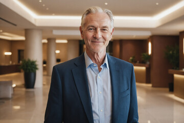 portrait of old age white businessman in modern hotel lobby