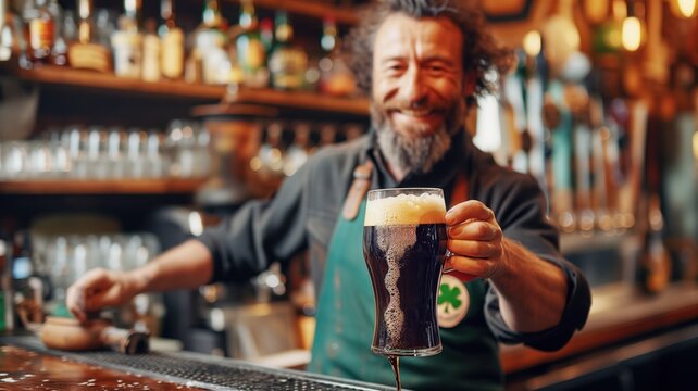 bartender with a beard serving a pint of dark beer. He is wearing a green apron with an image of a shamrock, indicating the theme of St. Patrick's Day.