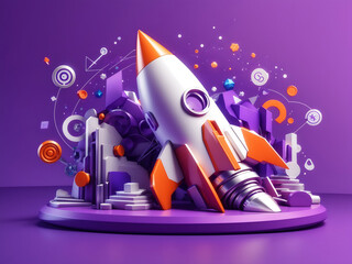 3D SEO optimization with Rocket for marketing social media concepts. Interface for web analytics strategy and research planning on a laptop. 3d seo strategy vector icon render illustration.