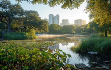 A rewilded city park with restored natural habitats, showcasing biodiversity, early morning light