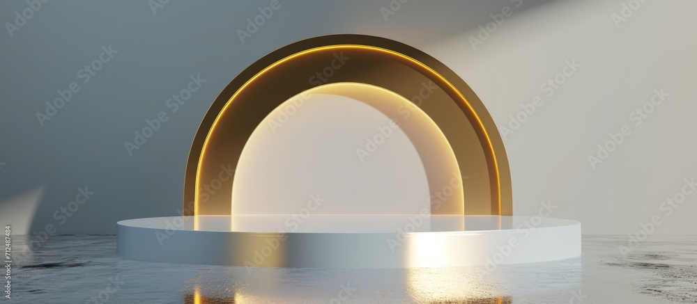 Poster minimal abstract background with wet floor reflection, golden arch frame, and empty product platform