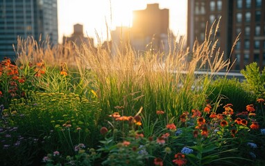 A rewilding project on a city rooftop, featuring native grasses and flowers