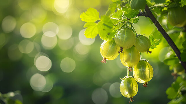 Cluster of ripe gooseberries in sunlight, showcasing their translucent skin against a vibrant green backdrop. Copy space