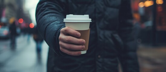 Person with a coffee to go - obrazy, fototapety, plakaty