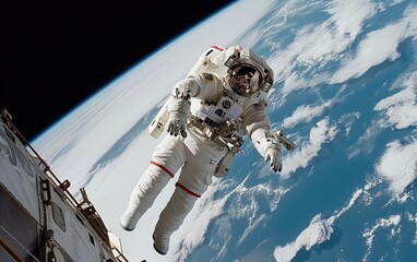 An astronaut is attached to the International Space Station, performing a spacewalk with the Earth's horizon in the background.