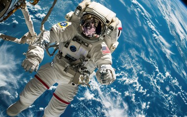 An astronaut is attached to the International Space Station, performing a spacewalk with the Earth's horizon in the background. - obrazy, fototapety, plakaty