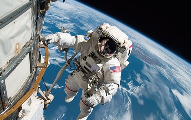 An astronaut is attached to the International Space Station, performing a spacewalk with the Earth's horizon in the background.