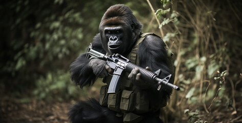gorilla with a machine gun in his hand on the forest background
