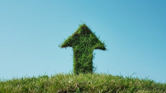 A vibrant green up arrow symbol, crafted from lush grass, representing sustainable growth, eco-friendly progress, and positive environmental development.