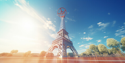 Eiffel Tower and basketball hoop in Paris, France. 3D Rendering, monument to peter the great