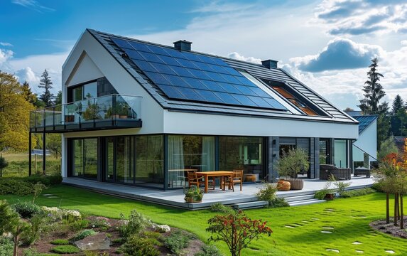 Sustainable living: An image of a modern eco-friendly home with solar panels and energy-efficient design