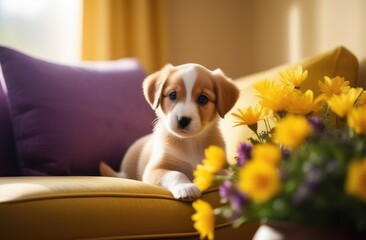 small puppy on the sofa in the room, a bouquet of yellow flowers in the corner, yellow and purple tones