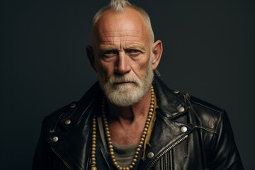 Portrait of an old man in a leather jacket. Men's beauty, fashion.