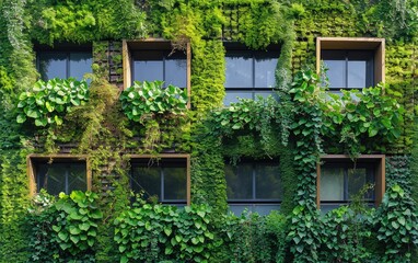 Fototapeta na wymiar Urban Jungle Facade: A building facade covered with a lush green wall, showcasing the integration of nature into urban architecture