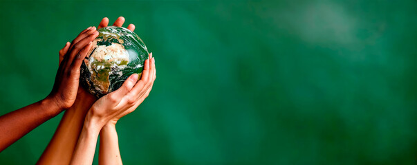 Different hands hold a small globe on a green background, symbolizing unity and shared responsibility in global governance.	

