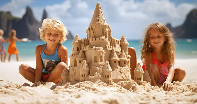 Children on the beach building sand castles, ai generated