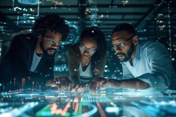 Diverse group of technology professionals deeply engaged in analyzing complex data on an illuminated, interactive touchscreen table. 