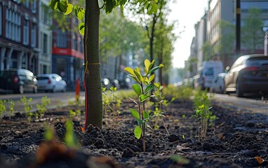 Urban rewilding project highlighting street tree planting