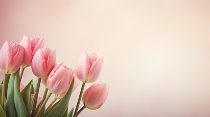 Naklejka premium Close-Up Pink Tulips on Beige: Botanical Fine Art Poster with Vibrant Spring Flowers, Delicate Petals, and Soft Background Copy Space for Elegant Decor and Floral Creativity