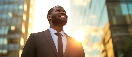 Motivated Afro-American man in suit envisions a bright future.
