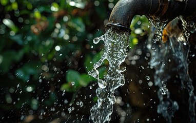 High-speed capture of Water Flow From a Pipe in a Lush Garden at Dusk, with droplets frozen mid-air by the camera's quick shutter speed