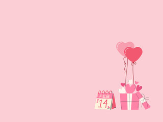 gift box with hearts and balloons, next to an almanac with the date February 14 and a background matching Valentine's Day - obrazy, fototapety, plakaty