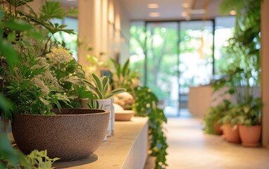Wellness Clinic Oasis: A wellness clinic with plants, showcasing the compatibility of medical devices with a nature-centric design, fostering a sense of tranquility and healing - obrazy, fototapety, plakaty