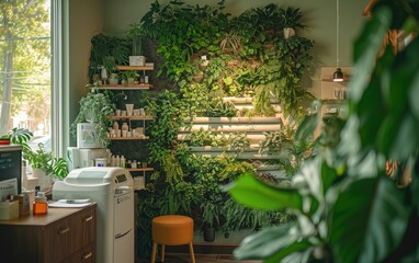 Wellness Clinic Oasis: A wellness clinic with plants, showcasing the compatibility of medical devices with a nature-centric design, fostering a sense of tranquility and healing - obrazy, fototapety, plakaty