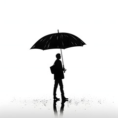Person holding an umbrella in the rain isolated on white background, simple style, png
