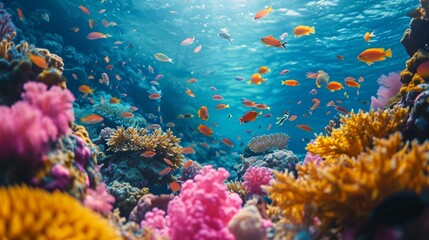 Fototapeta na wymiar Vibrant coral reefs teeming with exotic marine life, where clear turquoise waters reveal a kaleidoscope of colors beneath the surface, creating an underwater spectacle