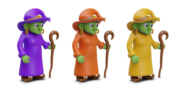 Green skinned witch in hat and pointed boots. Set of 3D characters of different colors. Old witch with cane. Magical person. Vector isolated image in children style