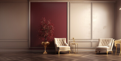 Classic interior with armchair and vase with flowers.Walls with mouldings.Digital Illustration.3d rendering, interior with sofa and armchairs. 3d illustration mock up