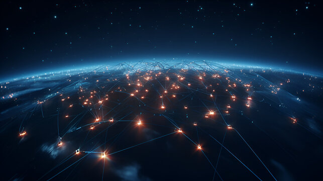 Many Satellites Flying over Earth as Seen from the Space, They Connect and Cover Planet with Digitalization Network of Information. Global Data Grid Connecting Whole World. 3D VFX Rendering