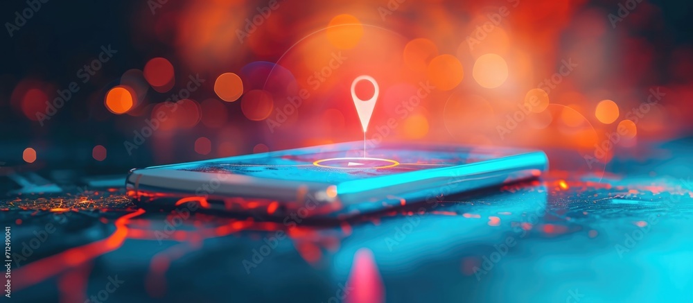 Poster digital world emerging from smartphone with gps arrow pointing forward, blending reality and technol