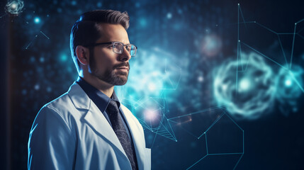 Businessman is using AI through his laptop computer in office to help him analyze data or generate virtual images and using big data as well as operating machines or information in the cyber system