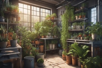 Fototapeta na wymiar Sunny Indoor Garden with Lush Potted Plants