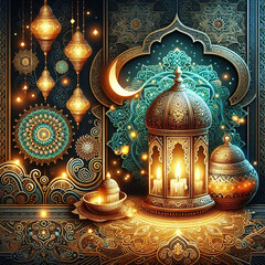 Ramadan Kareem Ornamental Arabic lantern festive greeting card, Ramadan lamp background Ai generative.