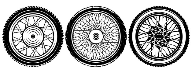 Set of three different style motorcycle wheels. Classic and styling disc. Urban and sporty look. Vector monochrome illustration