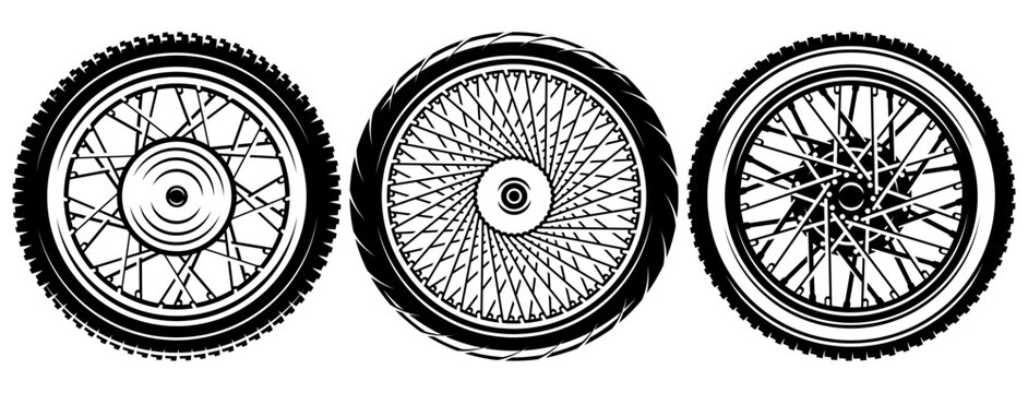Set of three different style motorcycle wheels. Classic and styling disc. Urban and sporty look. Vector monochrome illustration