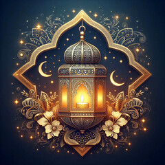 Ramadan Kareem Ornamental Arabic lantern festive greeting card, Ramadan lamp background Ai generative.