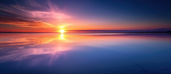 Obraz premium Sunrise or sunset reflecting on still water fading into the distance.