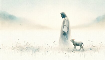 Digital painting of Jesus Christ walking with a lamb in the meadow. - obrazy, fototapety, plakaty