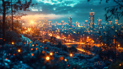 City Lights at Dusk from Forest. Created with Generative AI
