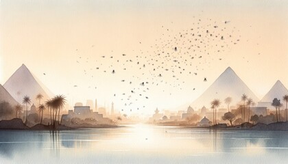 The Plagues of Egypt. Watercolor illustration of Egypt pyramids and the locusts flying over the Nile. - obrazy, fototapety, plakaty