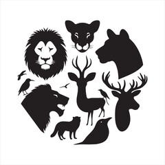 Harmonious Howls: Set of Animal Face Silhouettes Echoing the Symphony of Wild Voices in Wildlife - Animals Illustration - Safari Vector
