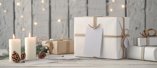 Two white gift boxes with blank tags, candles, and a mockup.